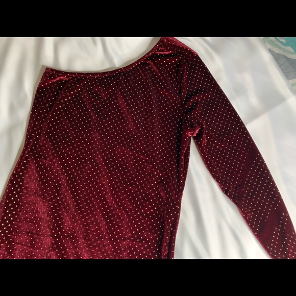 Burgundy Polkadot One Shoulder Mini Dress. - Picture 2 of 7